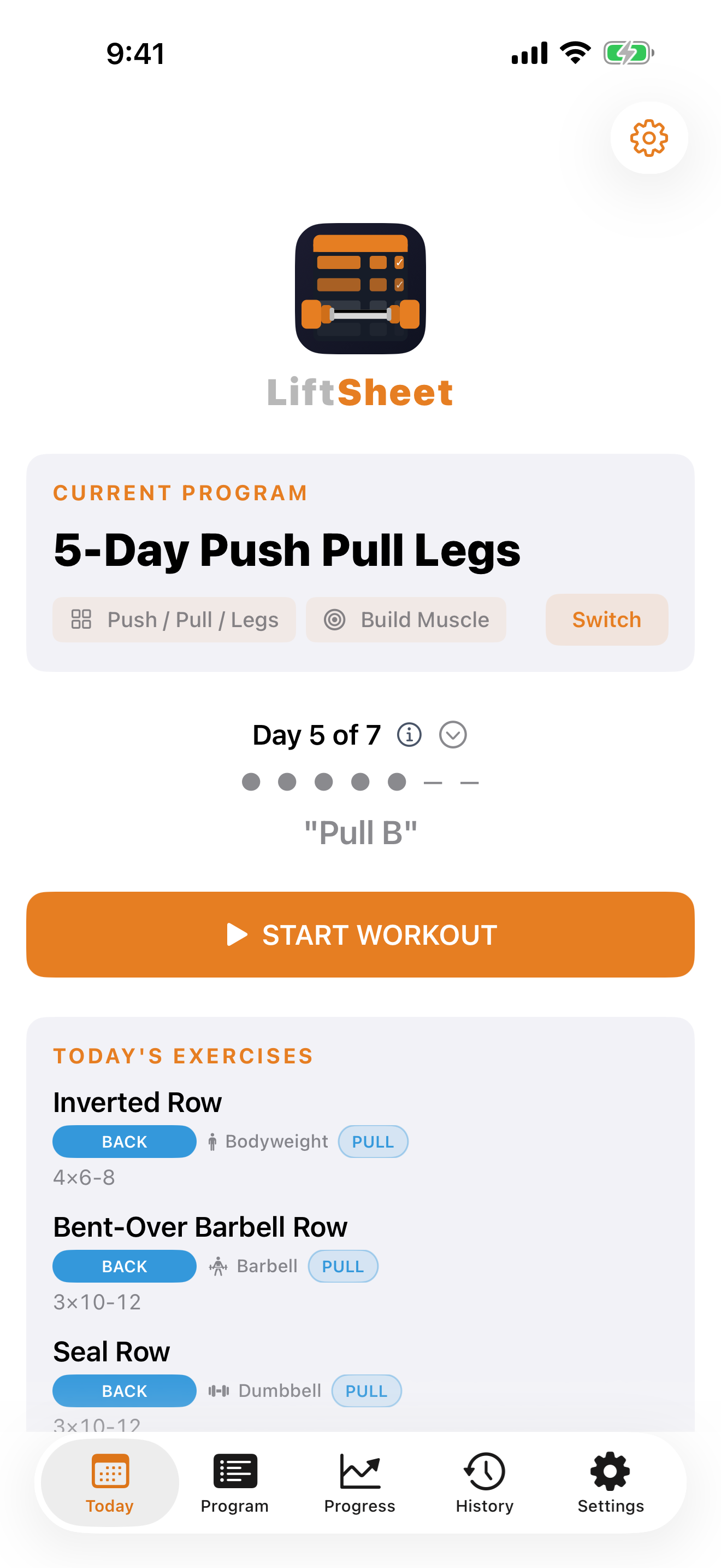 LiftSheet home screen